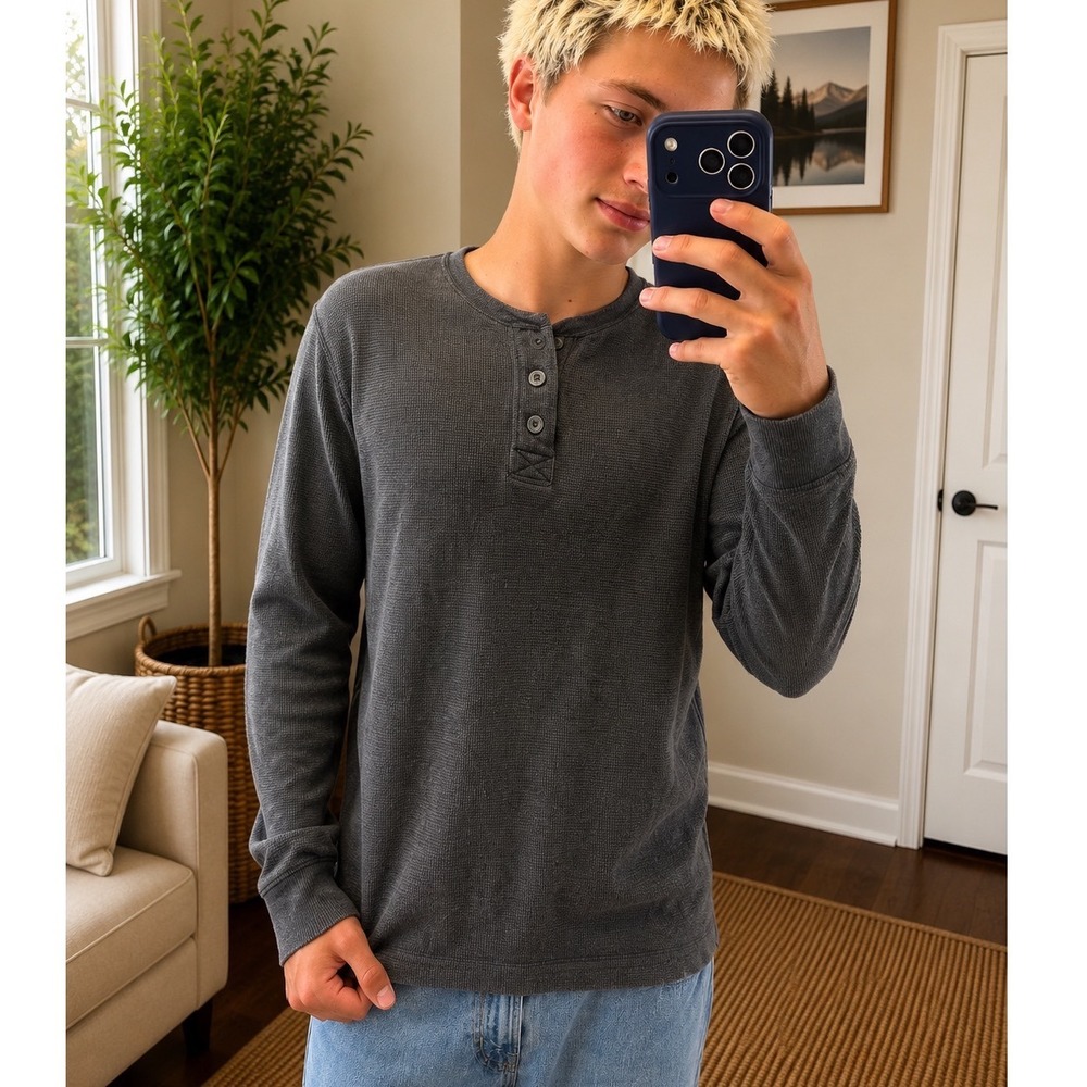 Vintage Outdoor Life Mens Field Thermal Henley Shirt Charcoal Gray Waffle Knit S